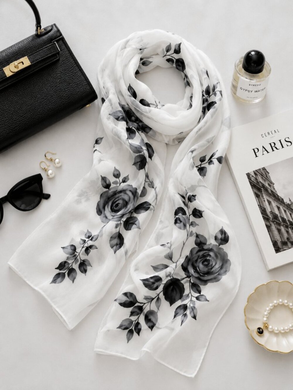 Black Gray Rose Floral Sheer Oblong Scarf White Lightweight Wrap Shawl